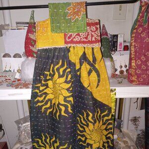Kantha Hanging Dish Towel Black Yellow Green 3 Layer Absorbant Cotton DTH3.